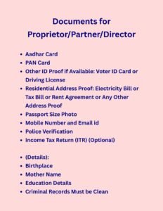 Documents for Proprietor/Partner/Director